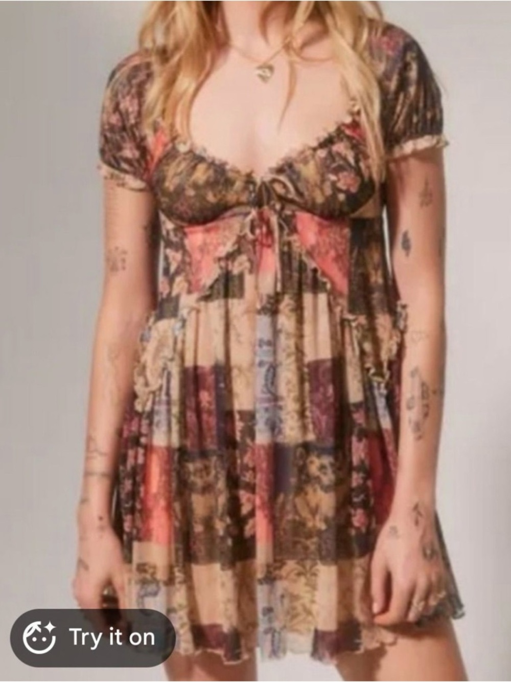 Urban Outfitters Patchwork Floral Mini Dress in Brown and Rust